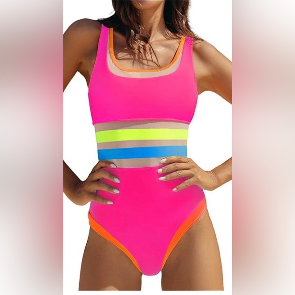 Vibrant Pink and Orange One Piece Swimsuit, Sporty tie back style, size Medium
